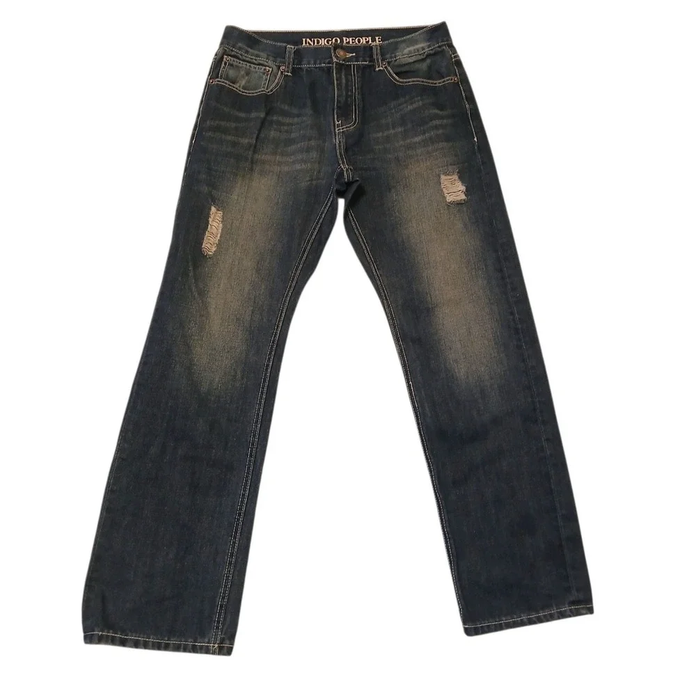 Indigo People Men's Jeans 32x30 Blue Distressed Straight Leg Denim Pants Embroid